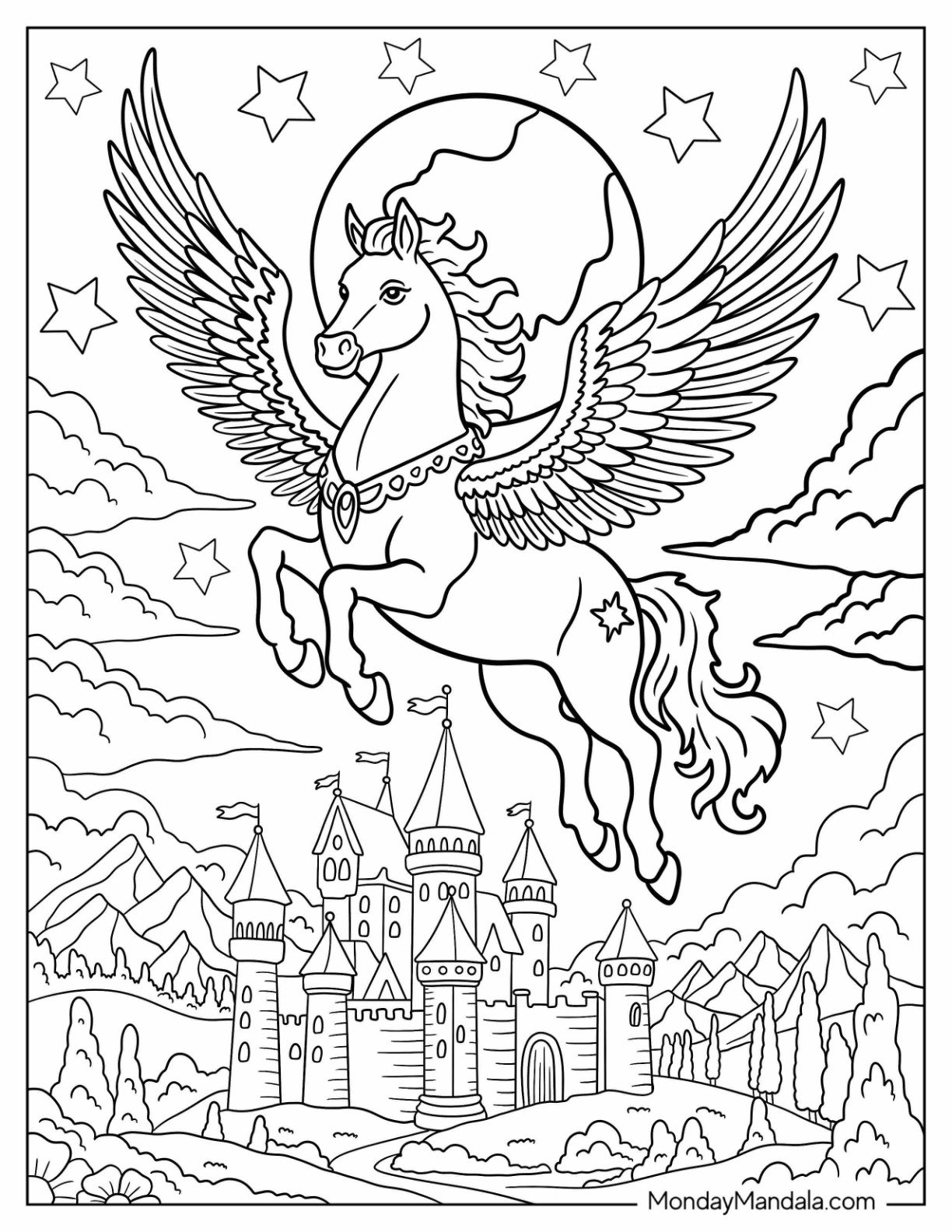 Royal Pegasus Coloring Page Flying Over Fantasy Castle and Mountains