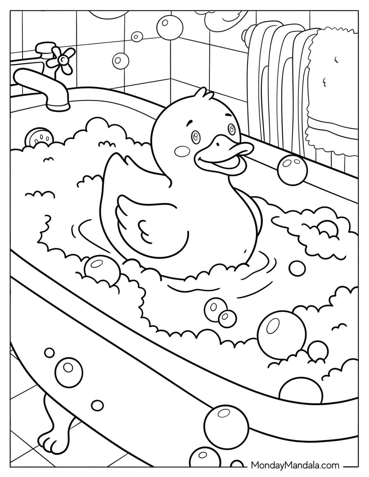 Toy Coloring Page of Rubber Duck Floating in a Bubble Bath for Kids