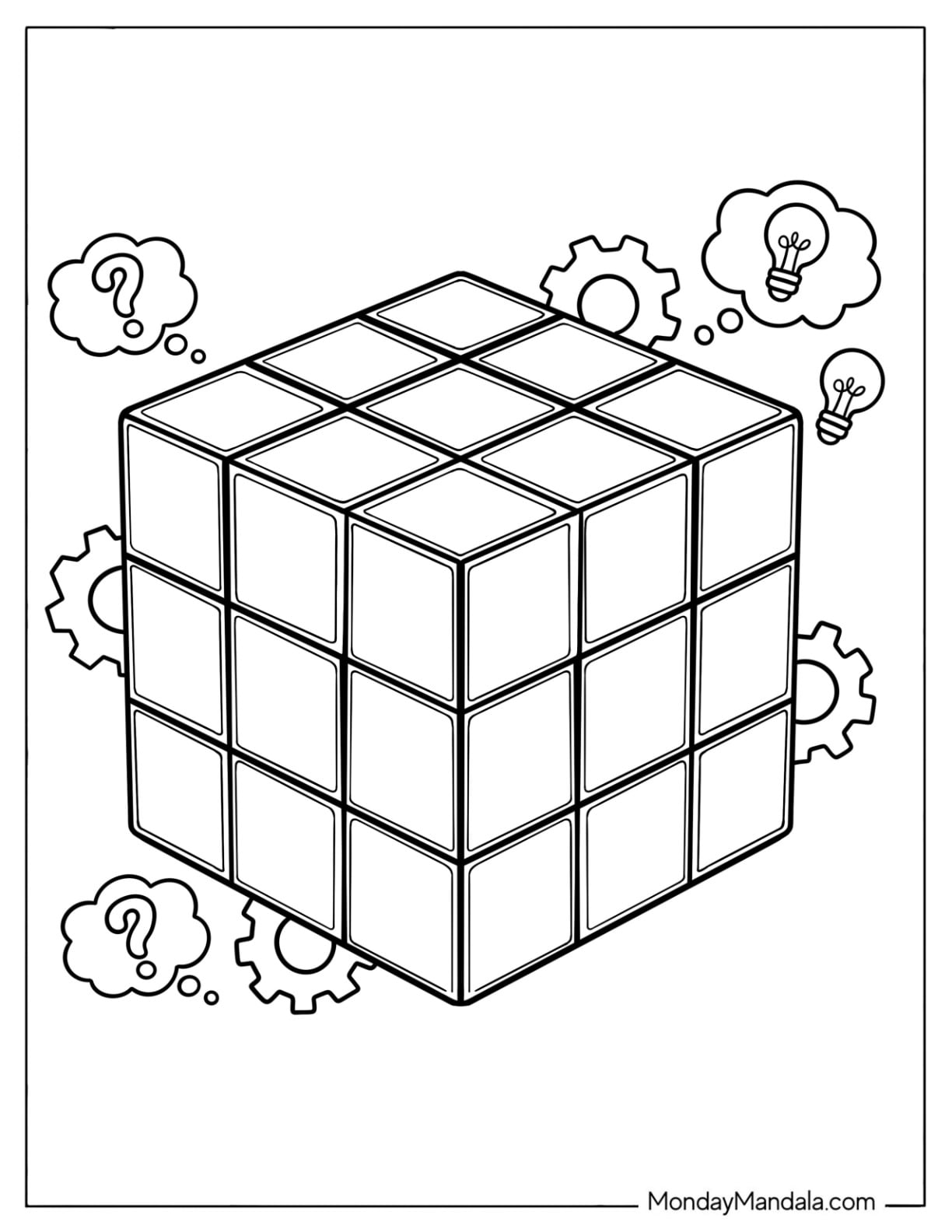 Toy Coloring Page of Rubik’s Cube Puzzle with Gears and Idea Icons for Kids