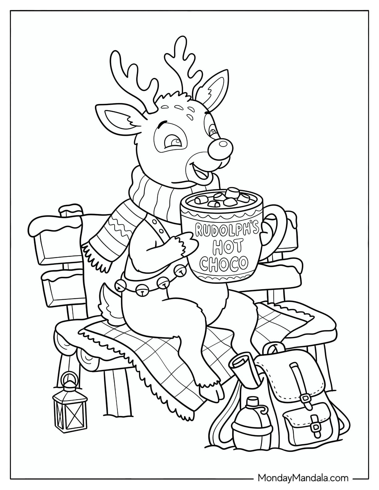 Rudolph Drinking a Massive Cup of Hot Chocolate Coloring Sheet