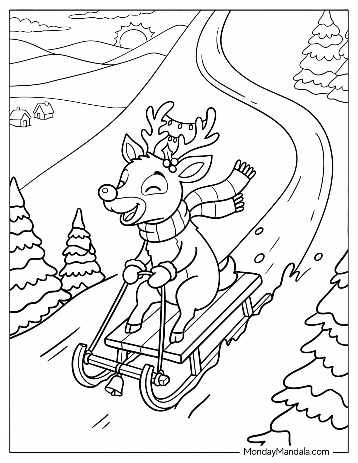 Rudolph Enjoying a Sled Ride Coloring Page