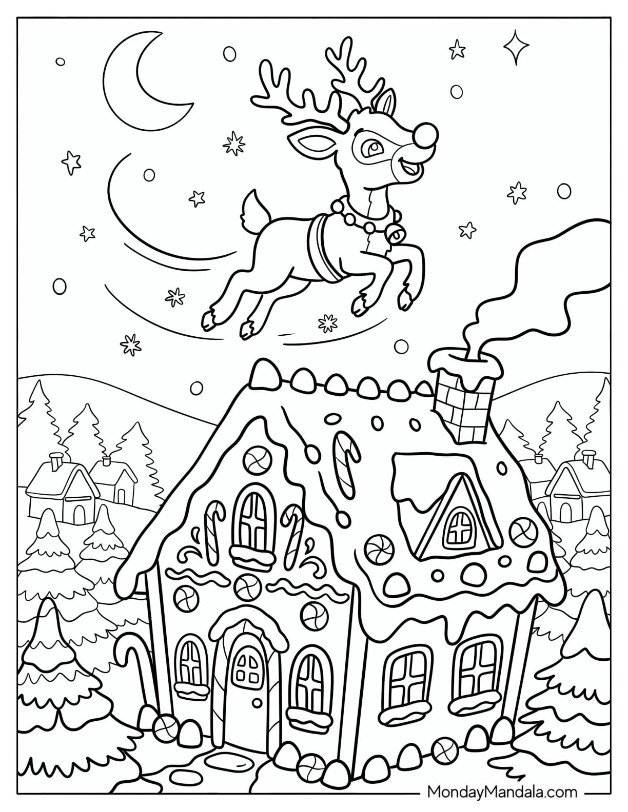 Rudolph Flying Over a Gingerbread House Coloring Sheet