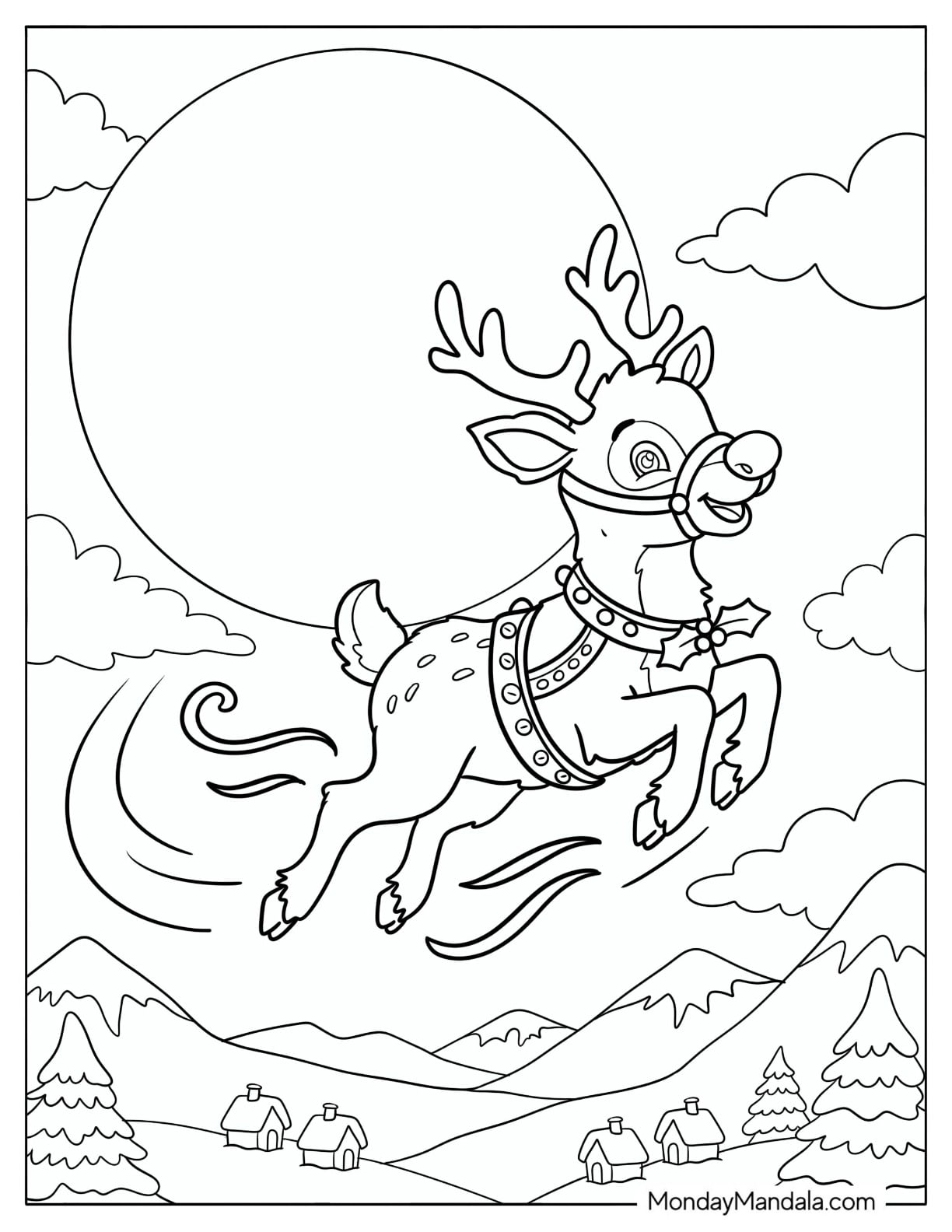 Rudolph Flying in Front of a Full Moon Coloring Page for Kids