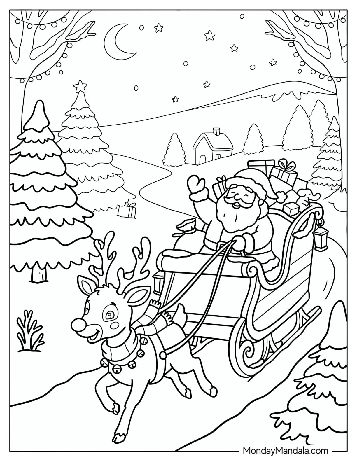 Rudolph Pulling Santa s Sleigh on Christmas Coloring Page