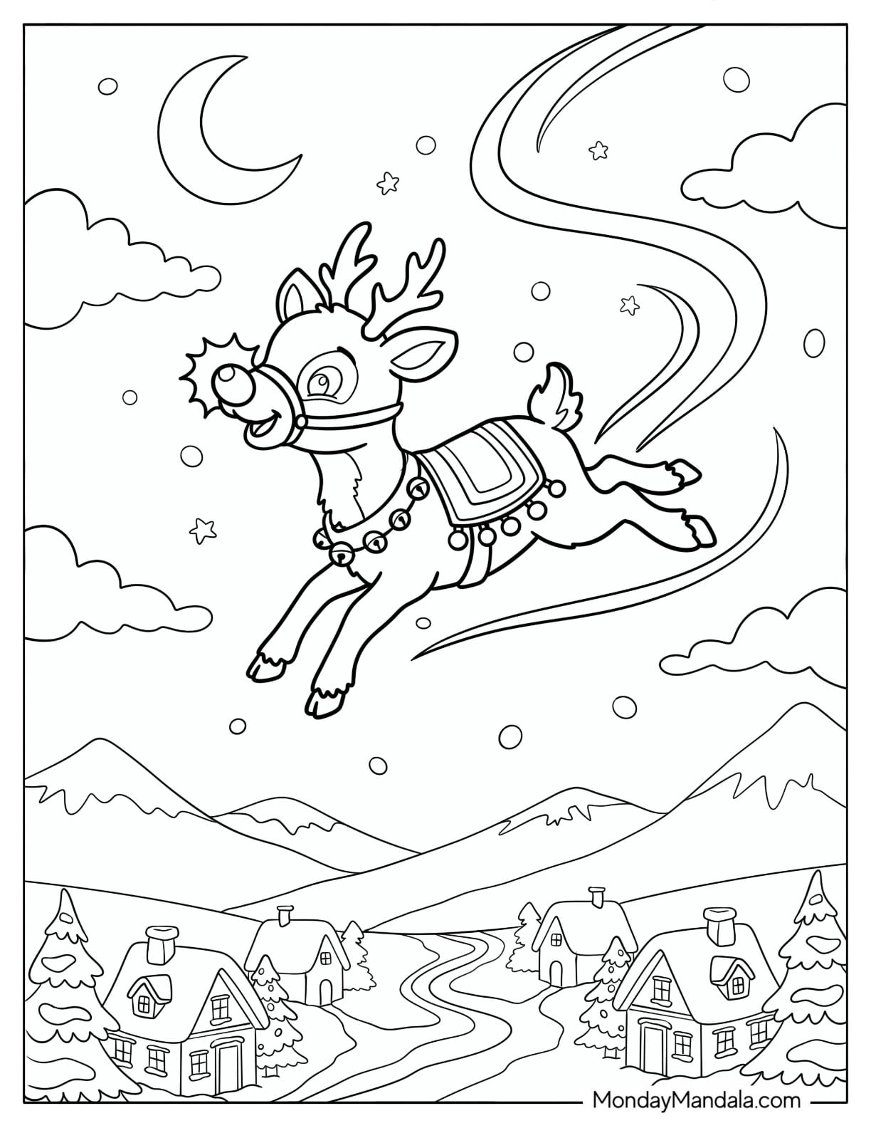 Rudolph the Red Nosed Reindeer in the Night Sky Coloring Sheet