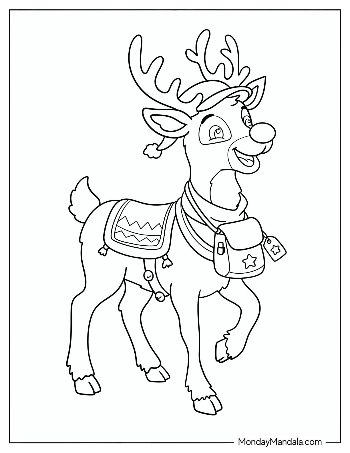 Rudolph with Santa Hat and Messenger Bag Coloring Sheet for Kids
