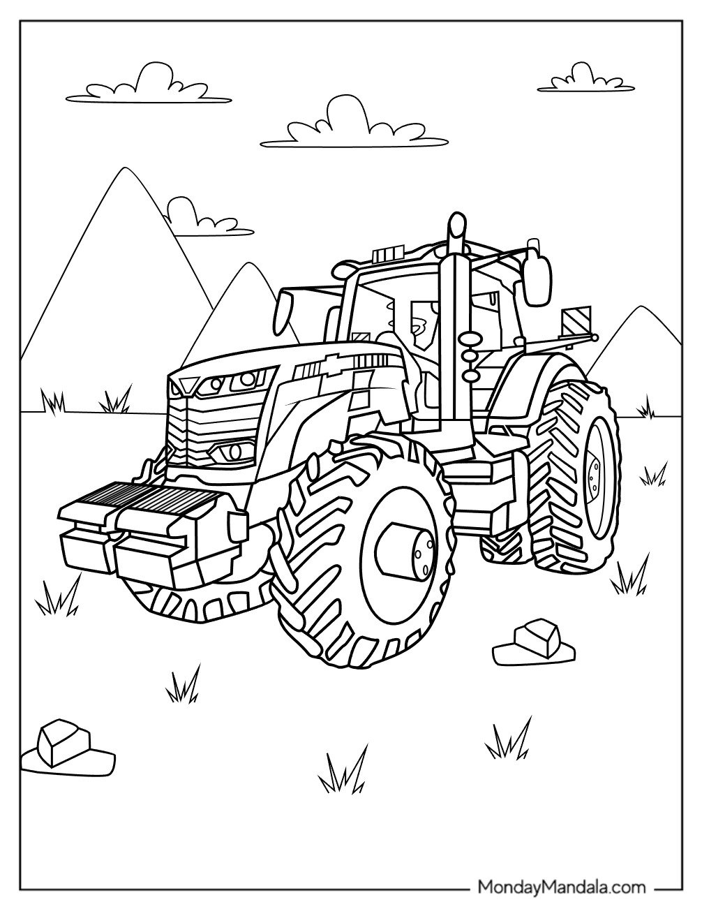 Rugged Farm Tractor Coloring Page in Mountain Landscape