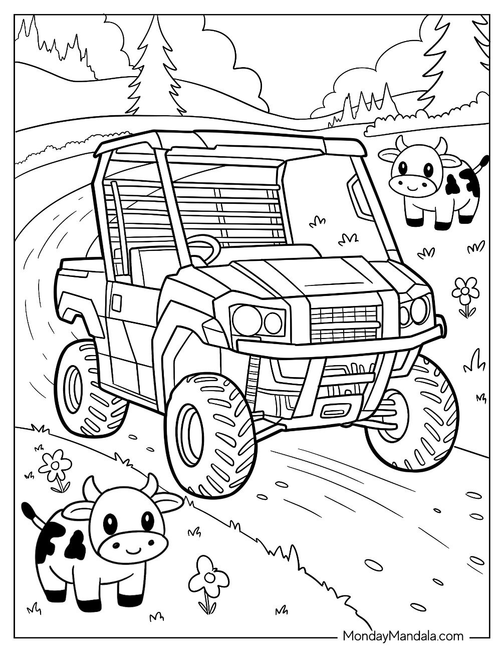 Rugged Off Road UTV Coloring Page  on a Dirt Path Surrounded by Cartoon Cows
