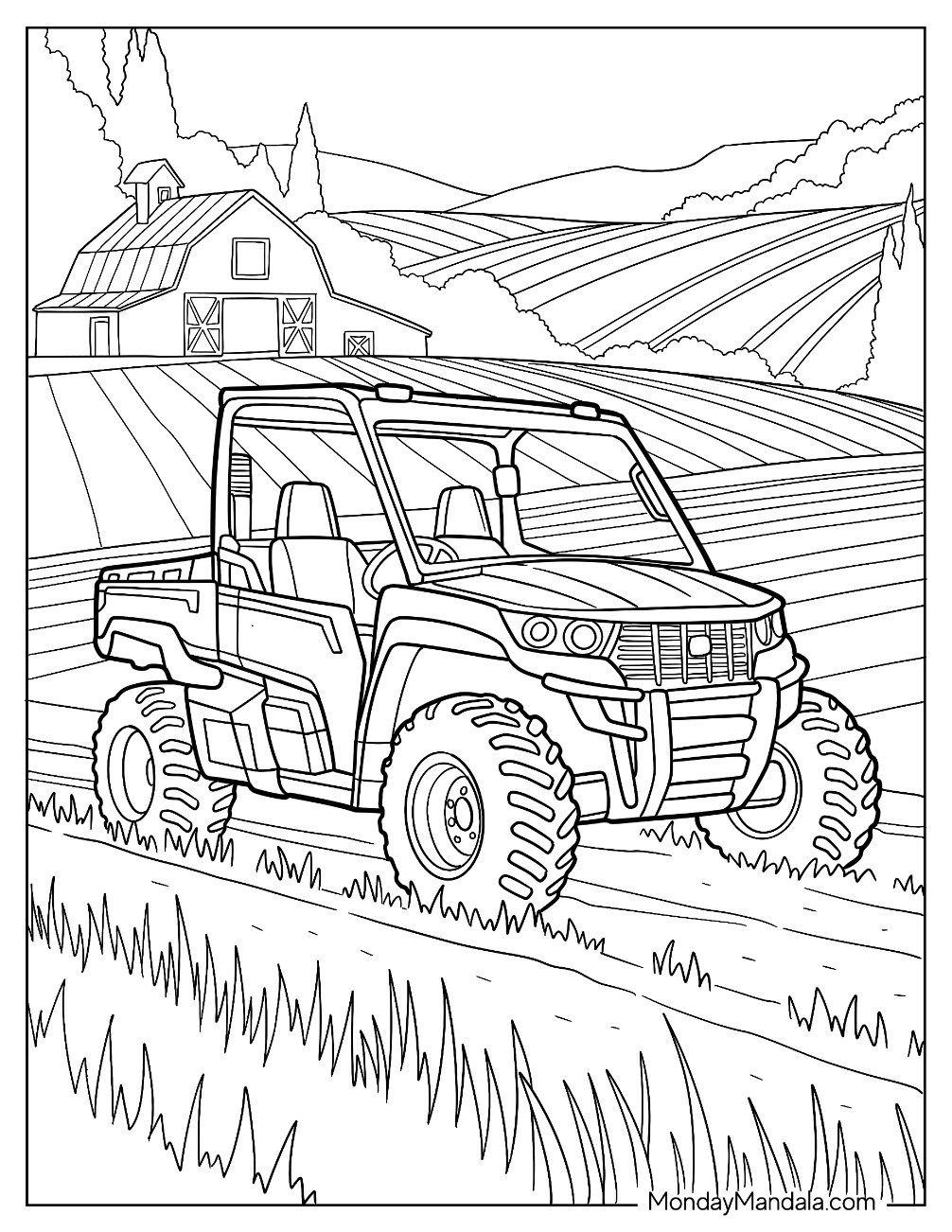 Rural Work UTV Coloring Page Rolling Past Crop Fields on a Farm