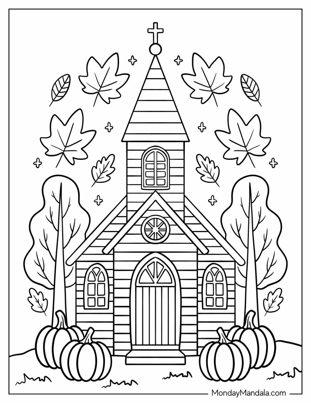 Rustic Church Coloring Page in Fall Season with Leafy Trees and Gourds for Kids