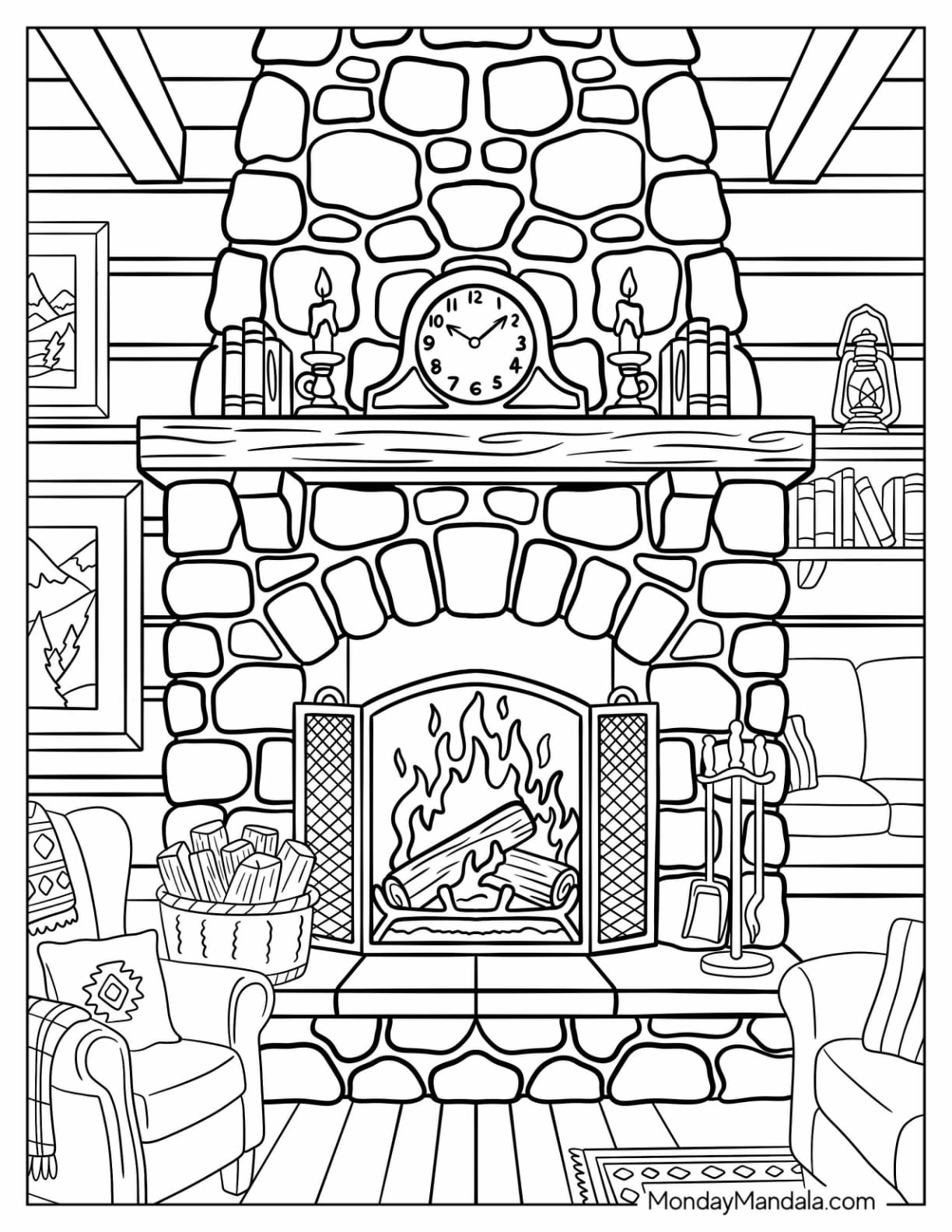 Rustic Stone Fireplace with Mantel Clock, Candles, and Armchairs Coloring Page for Adults