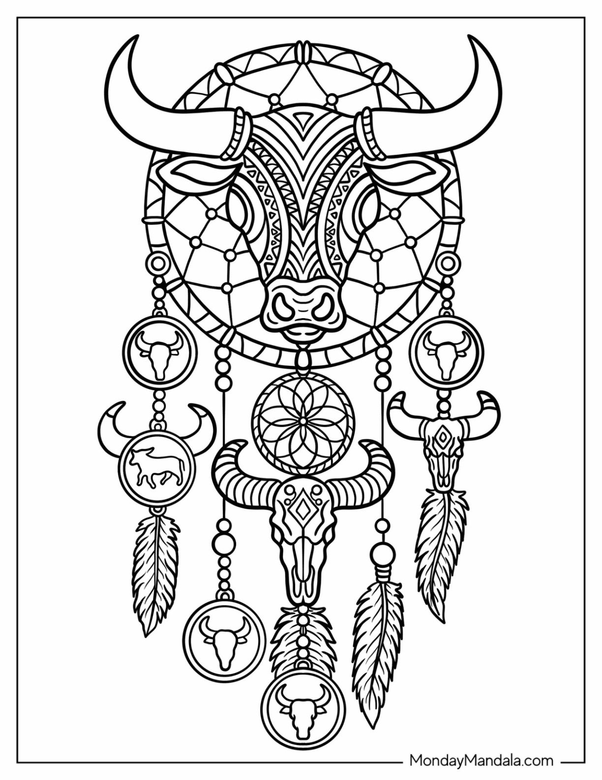 Sacred Bull Coloring Page Spirit Dreamcatcher with Ornamental Charms