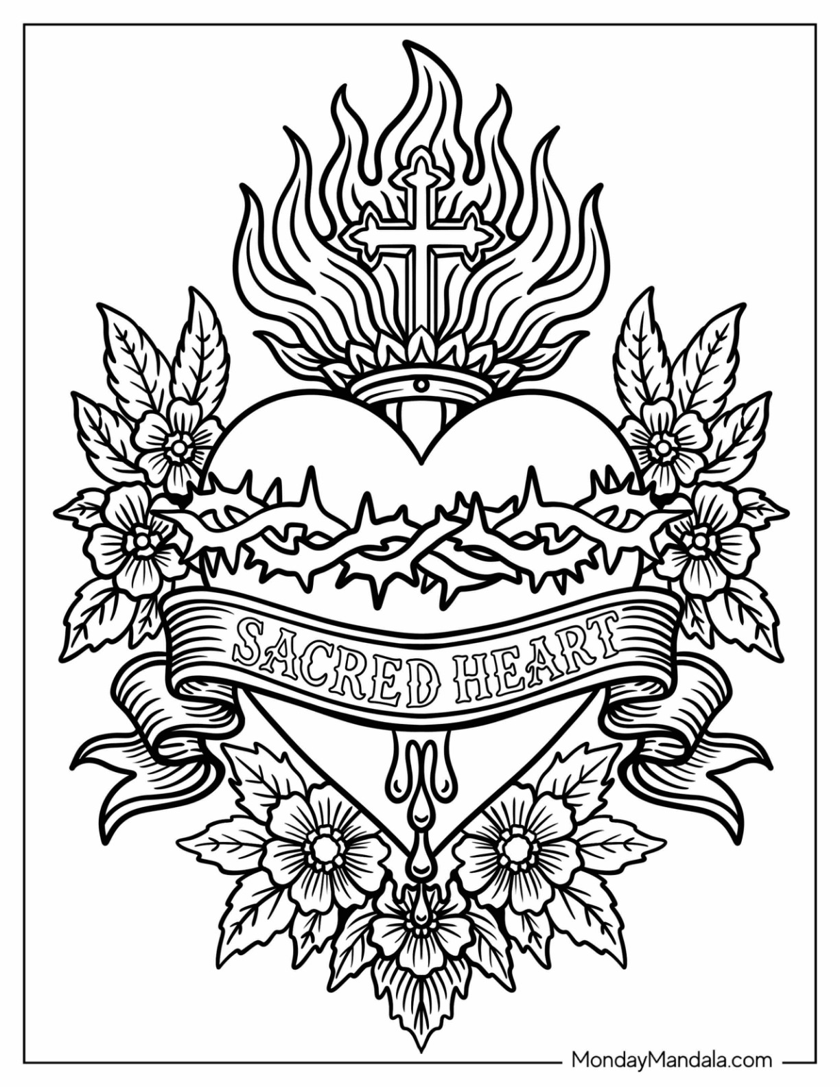 Sacred Heart with Cross, Flames, Flowers, and Ornamental Banner Tattoo
