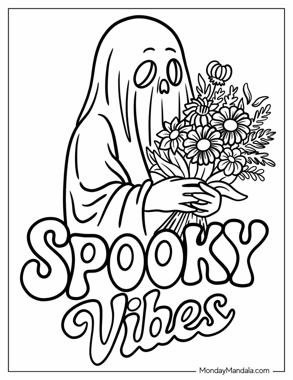 Halloween Coloring Page for Adults of Sad Ghost with Bouquet Surrounded by Spooky Vibes Lettering