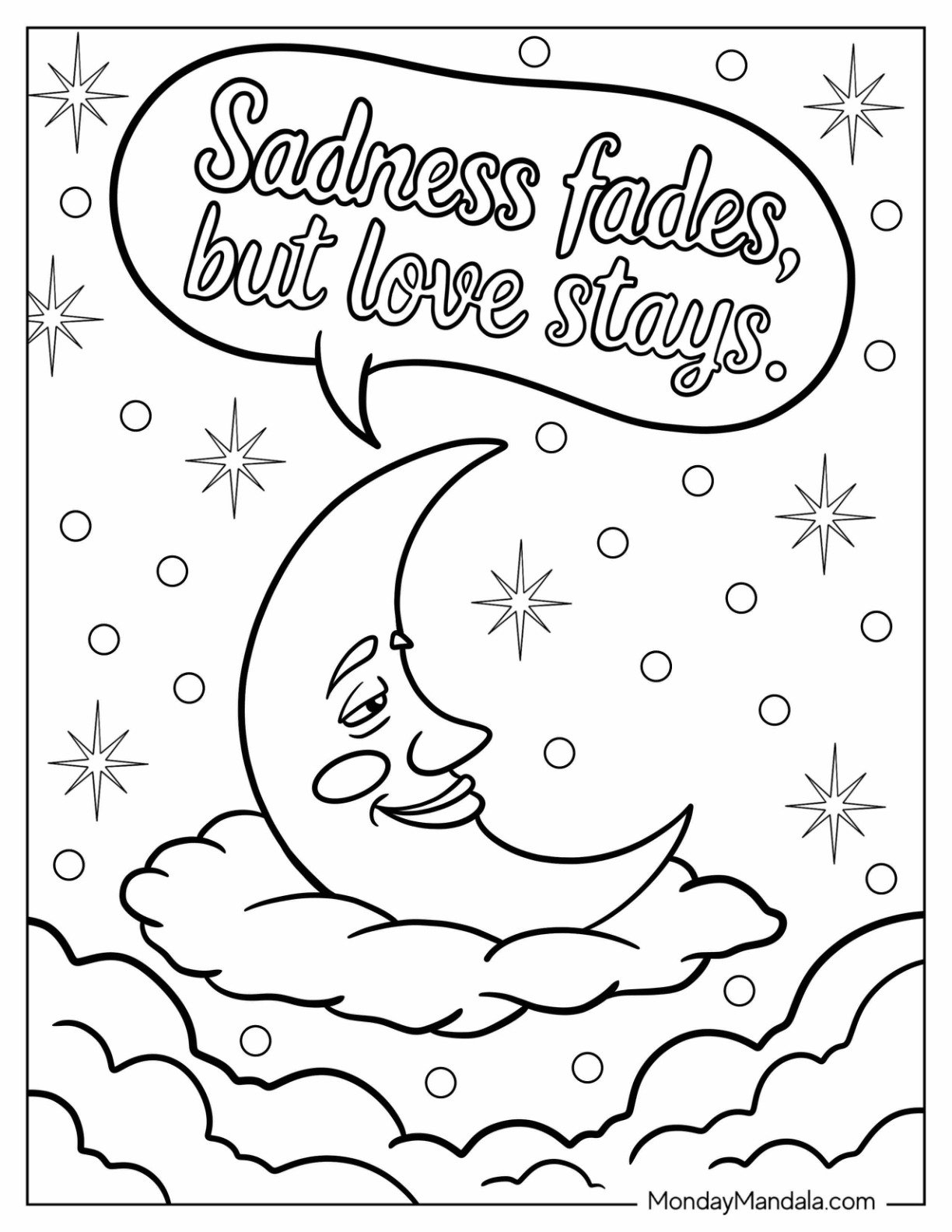Sad Coloring Page Of Sadness Fades But Love Stays With Crescent Moon And Stars