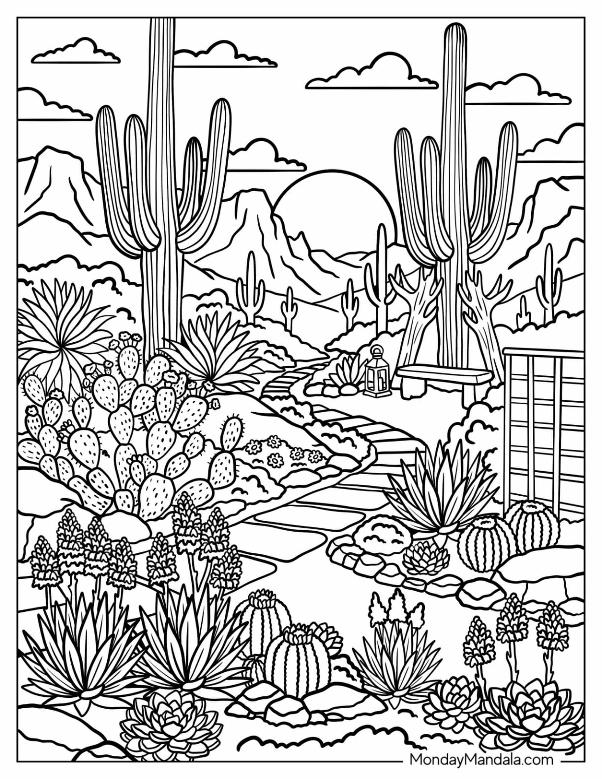 Saguaro Cacti, Prickly Pear, Agave, and Echeveria Desert Garden Coloring Sheet