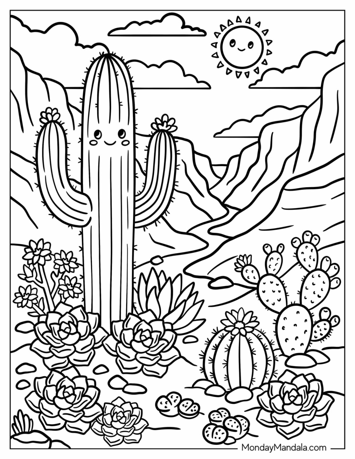 Saguaro Cactus, Prickly Pear, and Echeveria Desert Garden Coloring Sheet