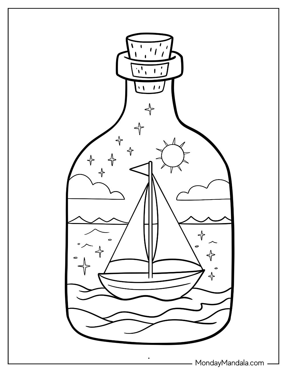 Boat & Ship Coloring Page of Sailboat Floating in a Glass Bottle with Stars and Sun for Kids