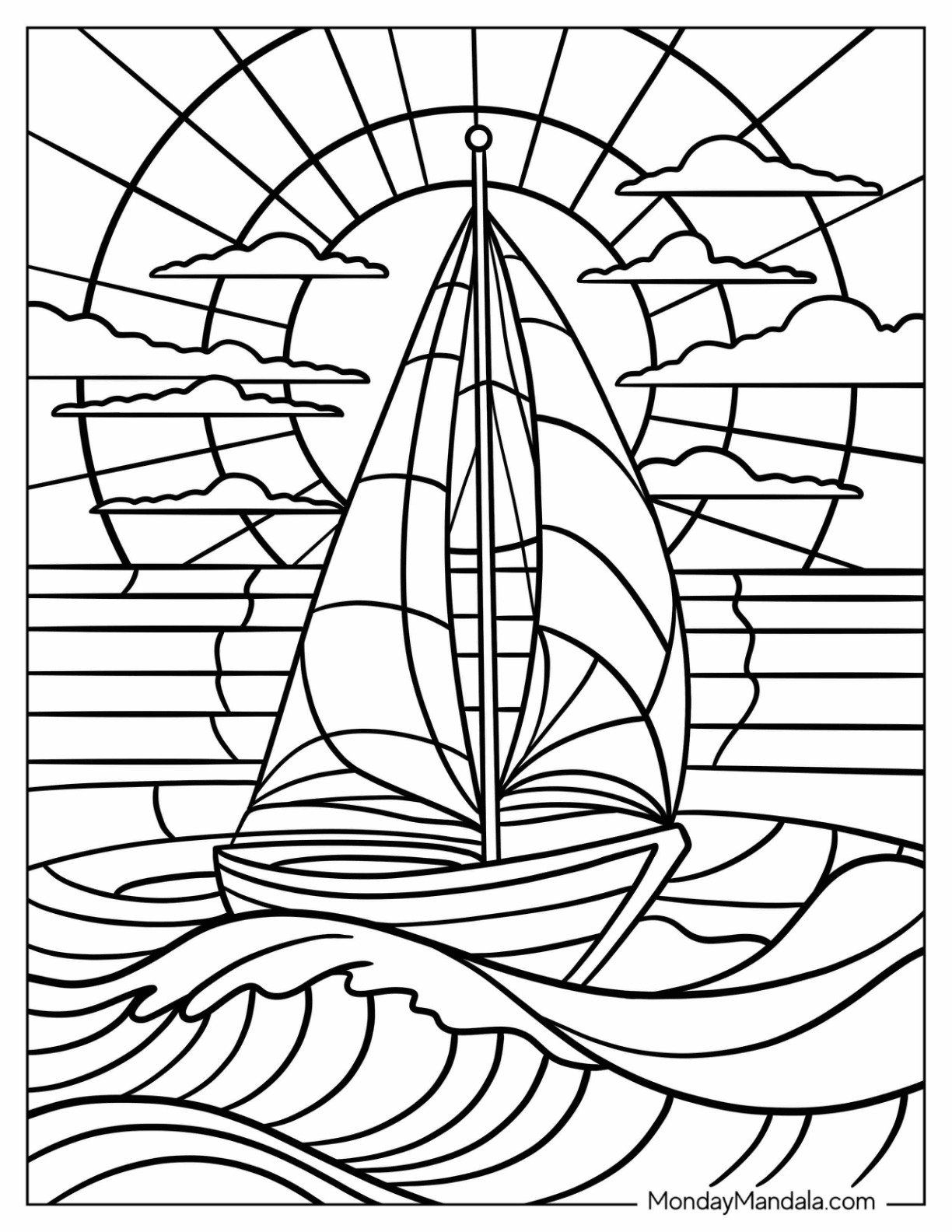 Sailboat Gliding Over Ocean Waves at Sunset Stained Glass Coloring Page for Kids