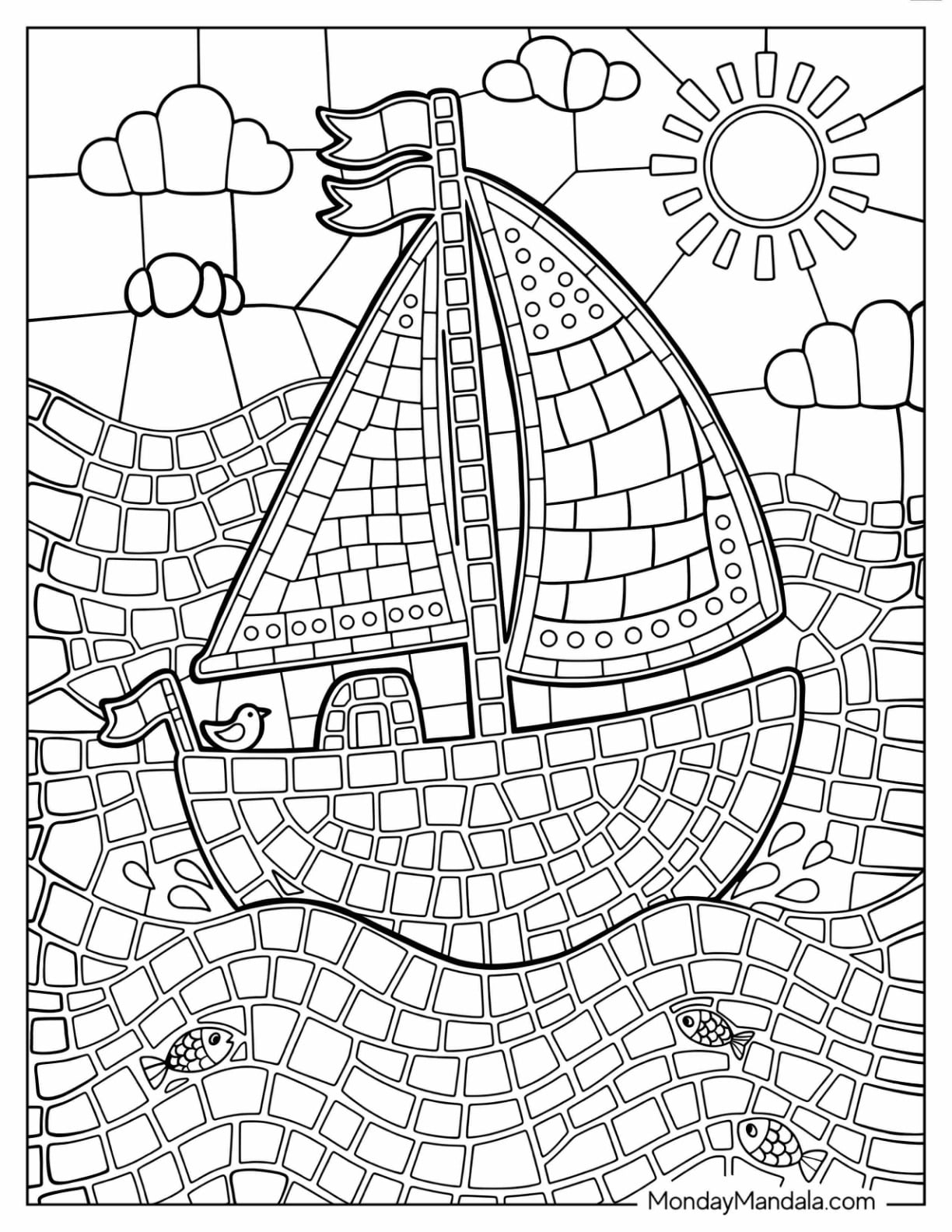 Sailboat Sailing Across Ocean Waves Mosaic Coloring Page