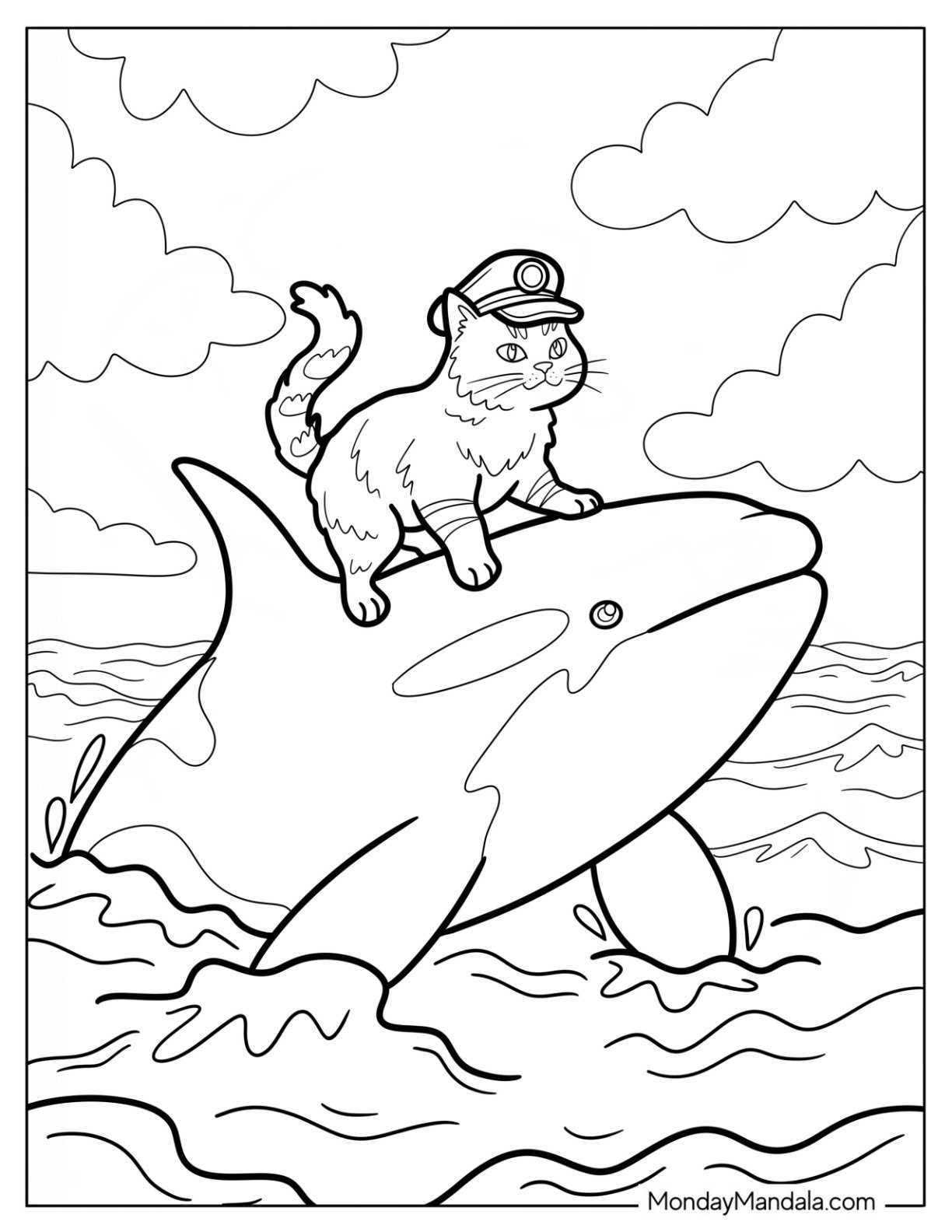Sailor Cat on Orca s Back Swimming at Sea Coloring Sheet