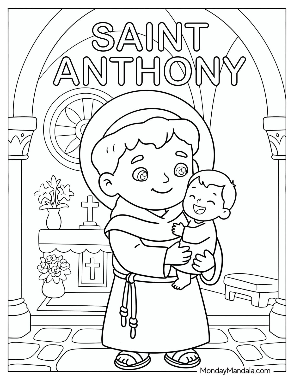 Saint Coloring Page of Anthony Holding Baby Jesus in a Church for Kids