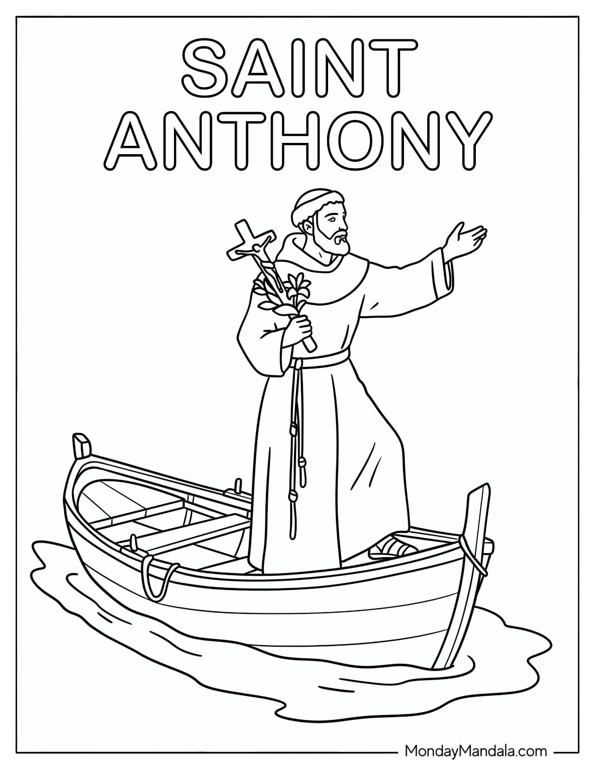 Saint Coloring Page of Anthony Standing in a Boat with a Cross and Flowers