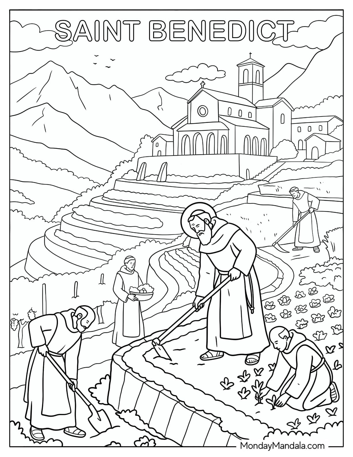 Saint Coloring Page of Benedict Planting a Vegetable Garden