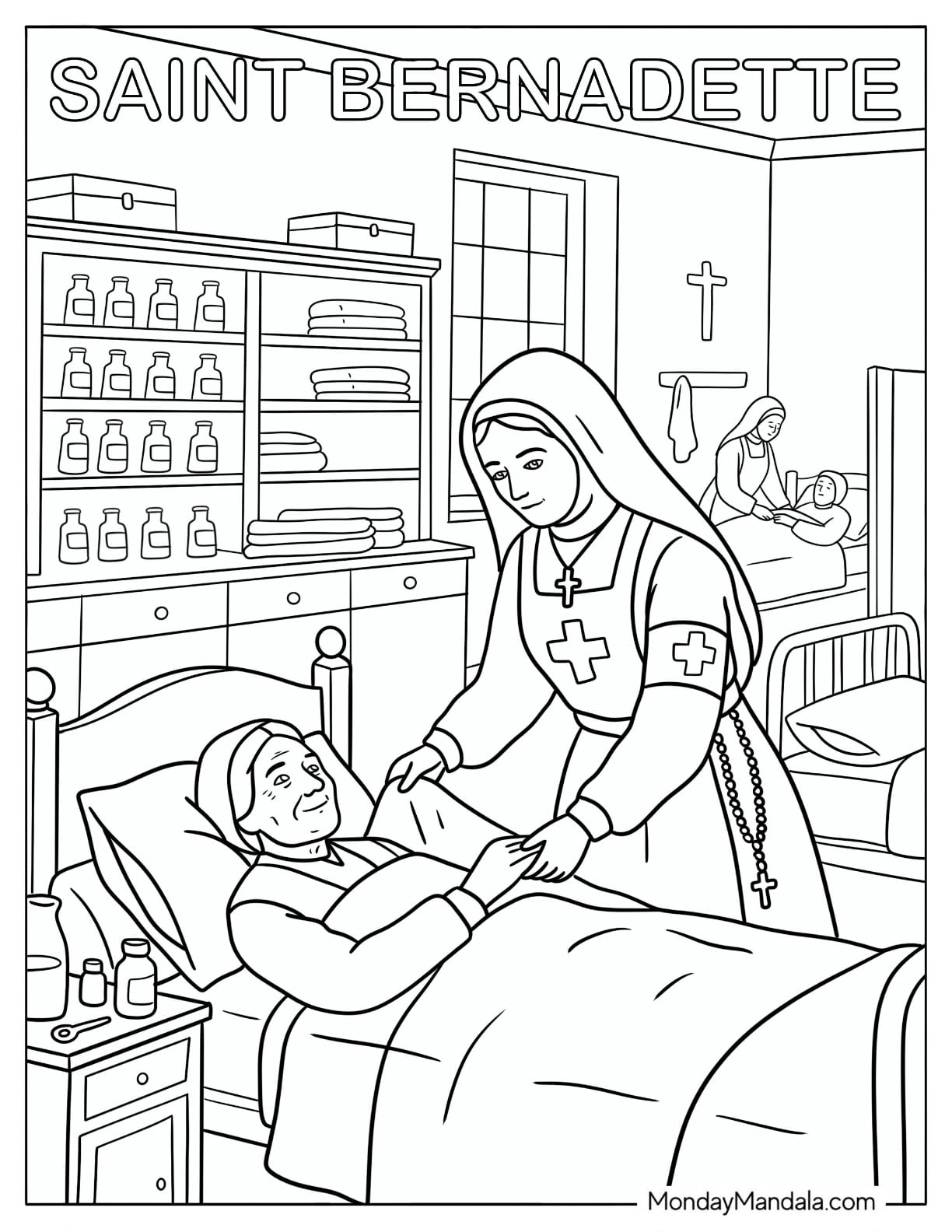 Saint Coloring Page of Bernadette Caring for a Sick Person in a Hospital