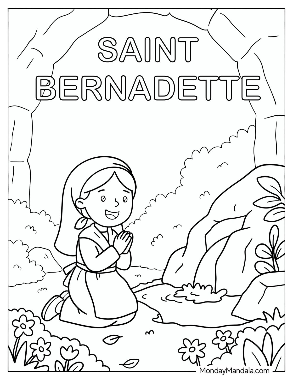 Saint Coloring Page of Bernadette Praying at a Grotto