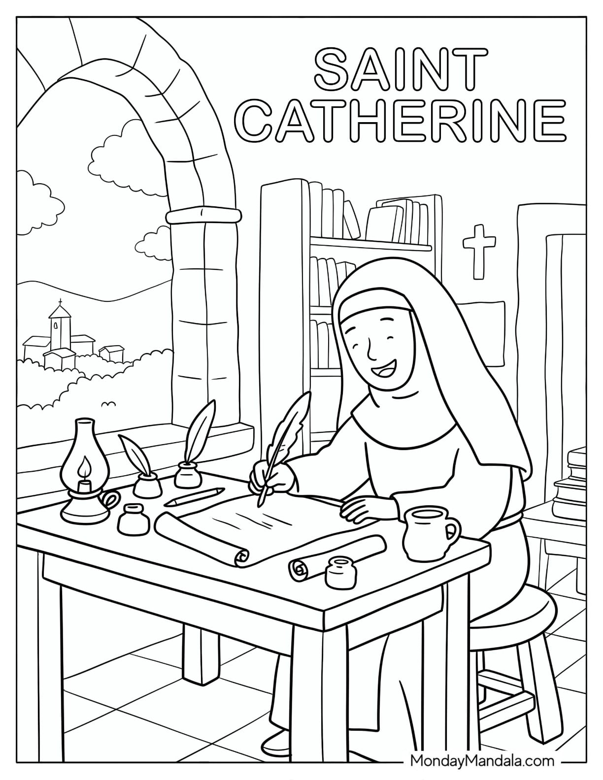 Saint Coloring Page of Catherine Writing with a Quill at a Desk