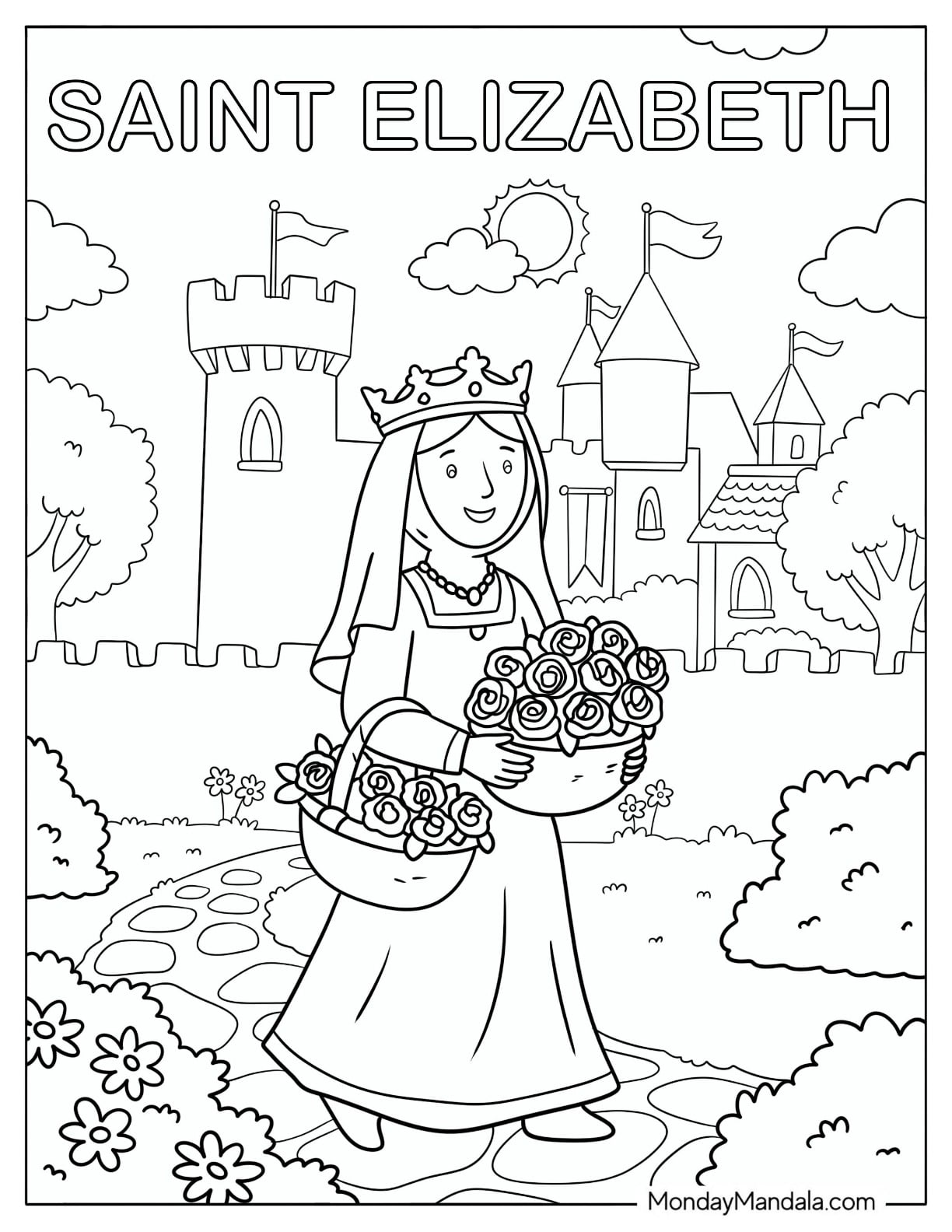 Saint Coloring Page of Elizabeth Carrying Roses in a Castle Garden