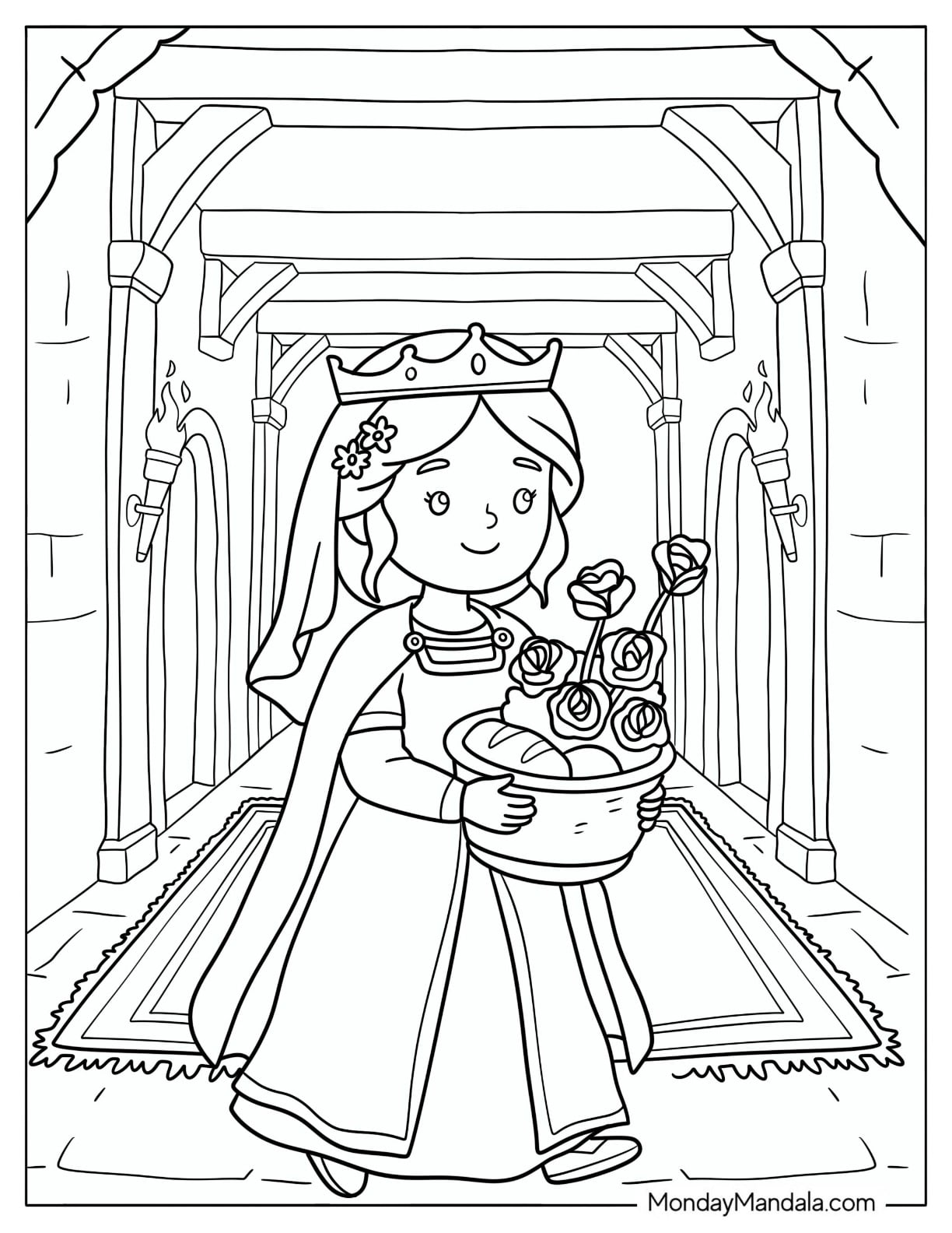 Saint Coloring Page of Elizabeth Carrying a Basket of Roses in a Castle Hall for Kids