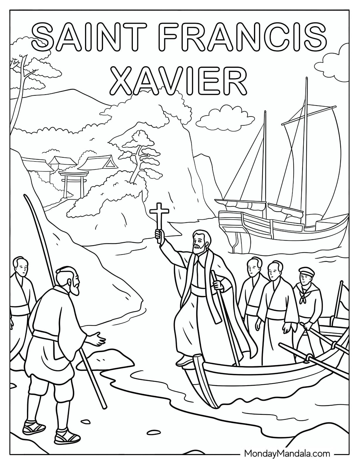 Saint Coloring Page of Francis Xavier Holding Up a Cross on Japanese Shore