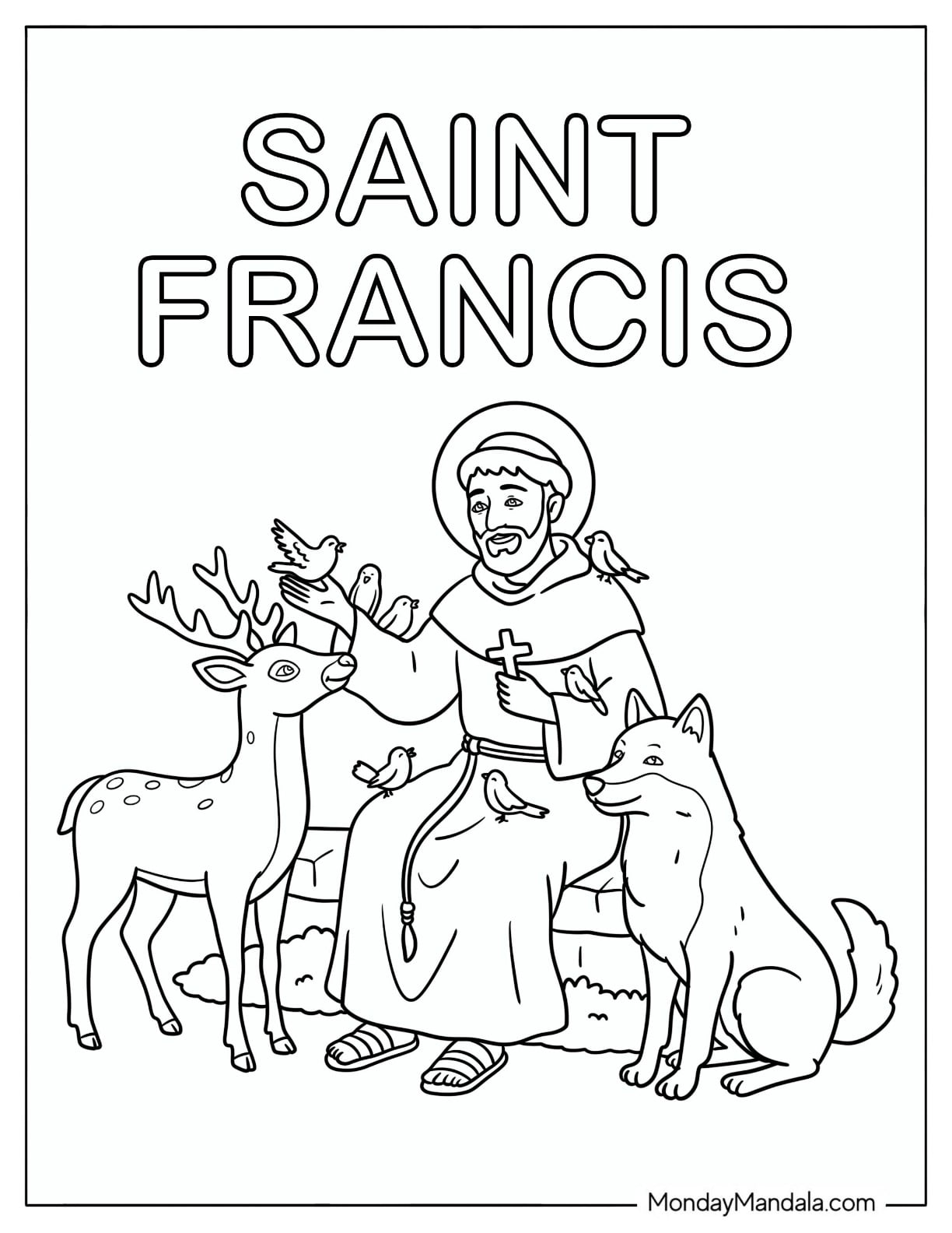 Saint Coloring Page of Francis with Animals in a Garden