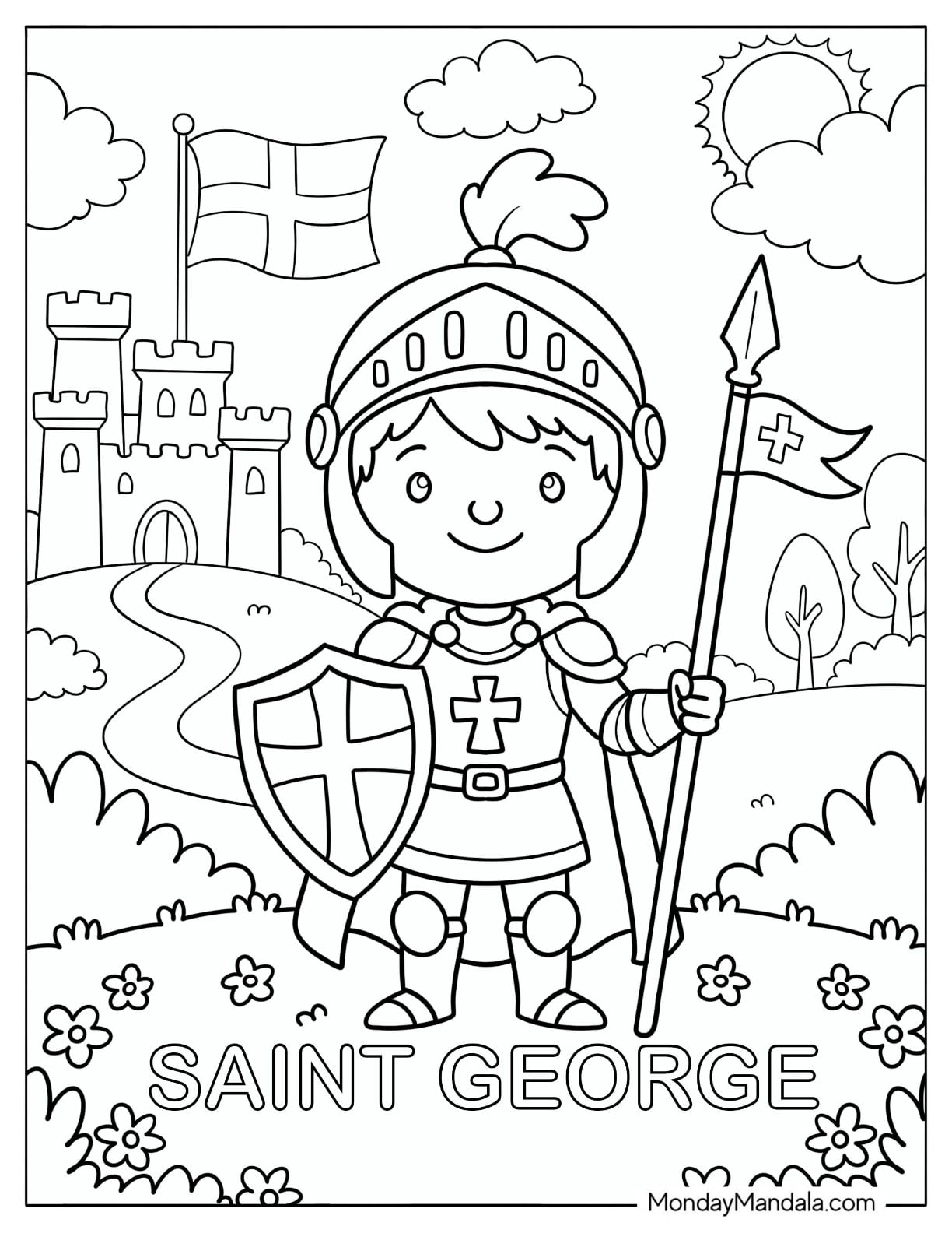 Saint Coloring Page of George Holding a Shield and Spear in a Castle Garden
