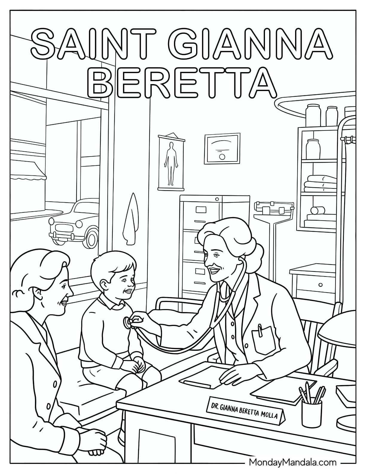 Saint Coloring Page of Gianna Beretta Molla Treating Patients in a Medical Office