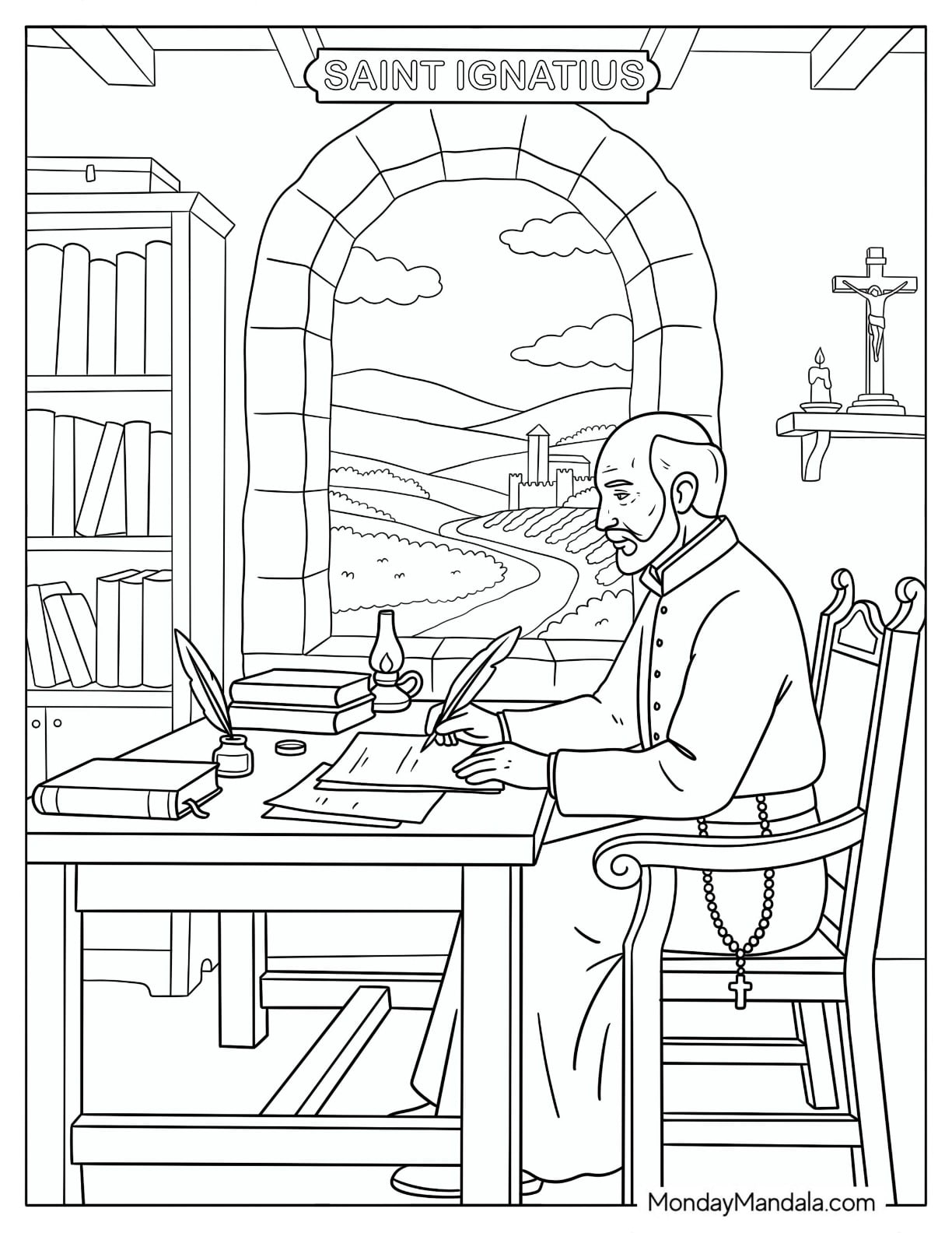 Saint Coloring Page of Ignatius Writing at a Desk in a Church Study