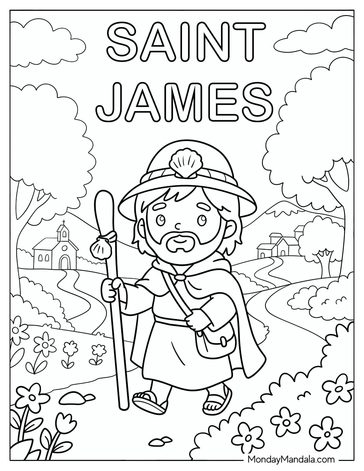 Saint Coloring Page of James Walking with a Pilgrim Staff in the Countryside for Kids