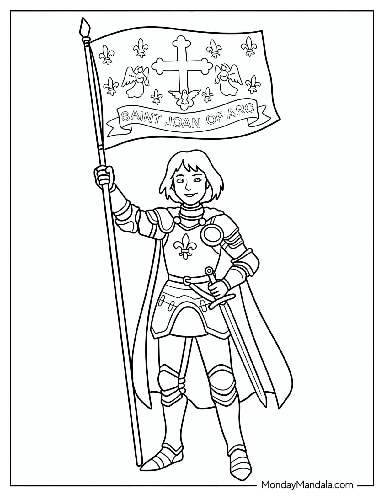 Saint Coloring Page of Joan of Arc Holding a Flag in Armor for Kids