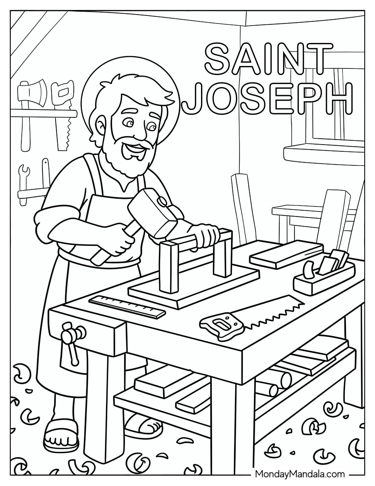 Saint Coloring Page of Joseph Working as a Carpenter in His Workshop for Kids