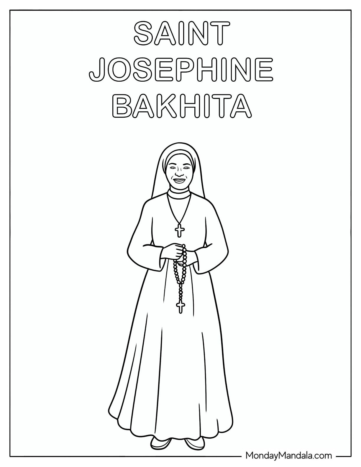 Saint Coloring Page of Josephine Bakhita Holding a Rosary