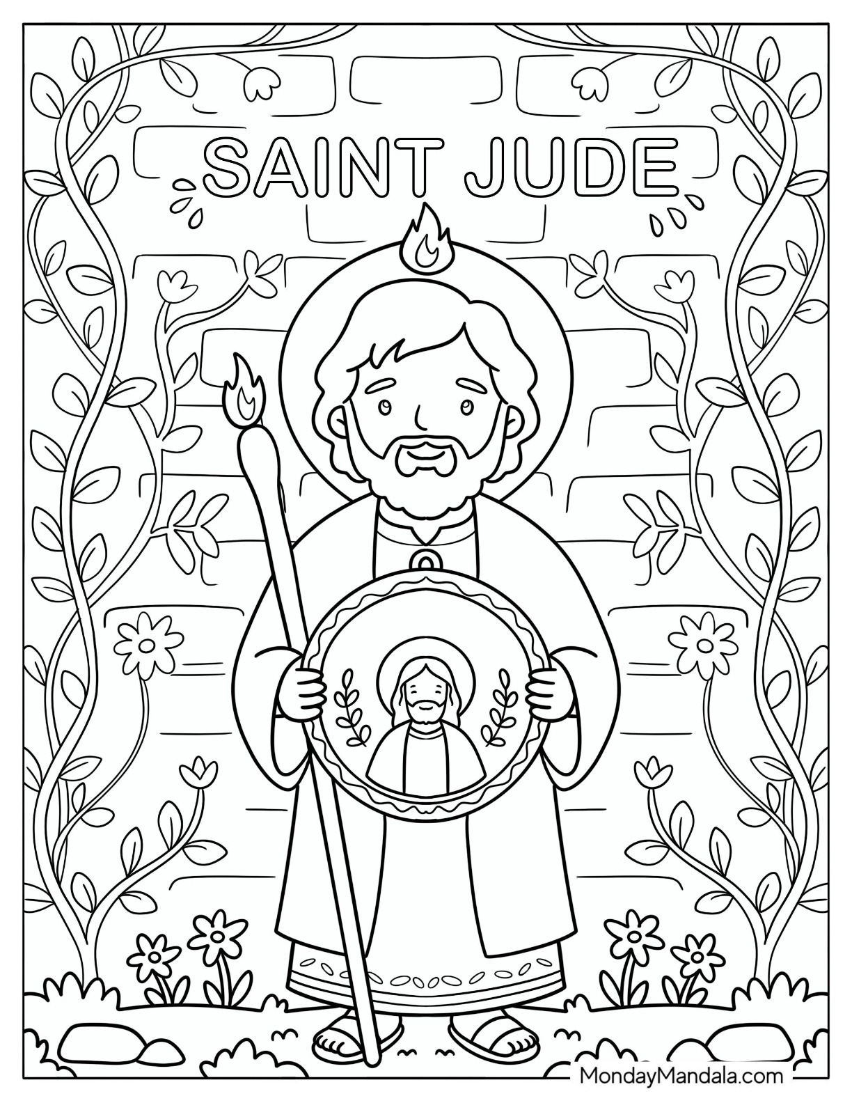 Saint Coloring Page of Jude Holding a Medallion in a Garden
