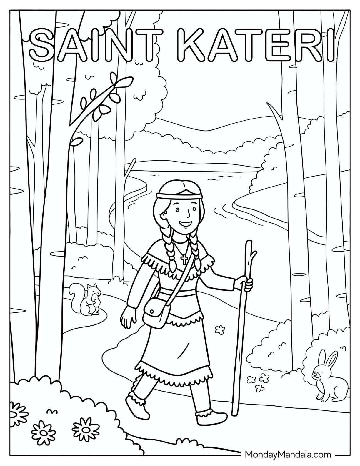 Saint Coloring Page of Kateri Tekakwitha Walking with a Staff in the Forest