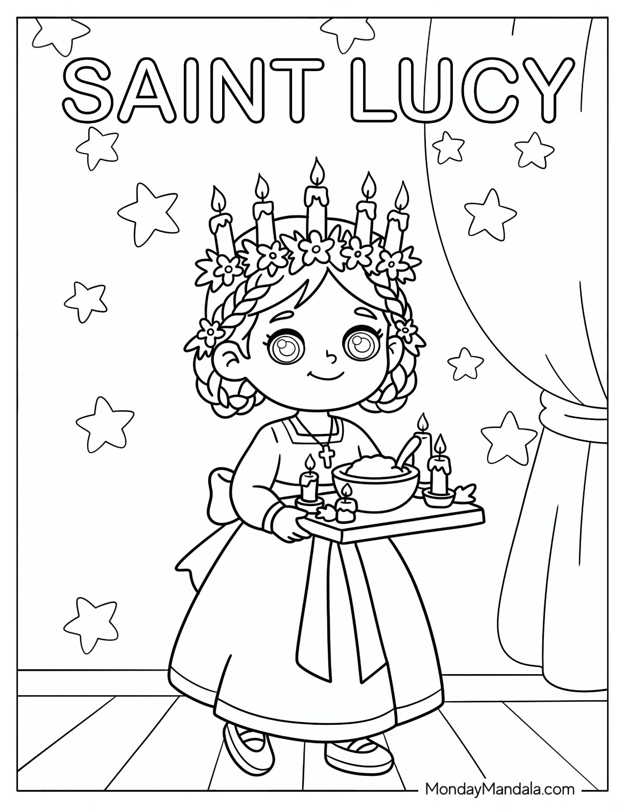 Saint Coloring Page of Lucy Carrying Candles and a Tray