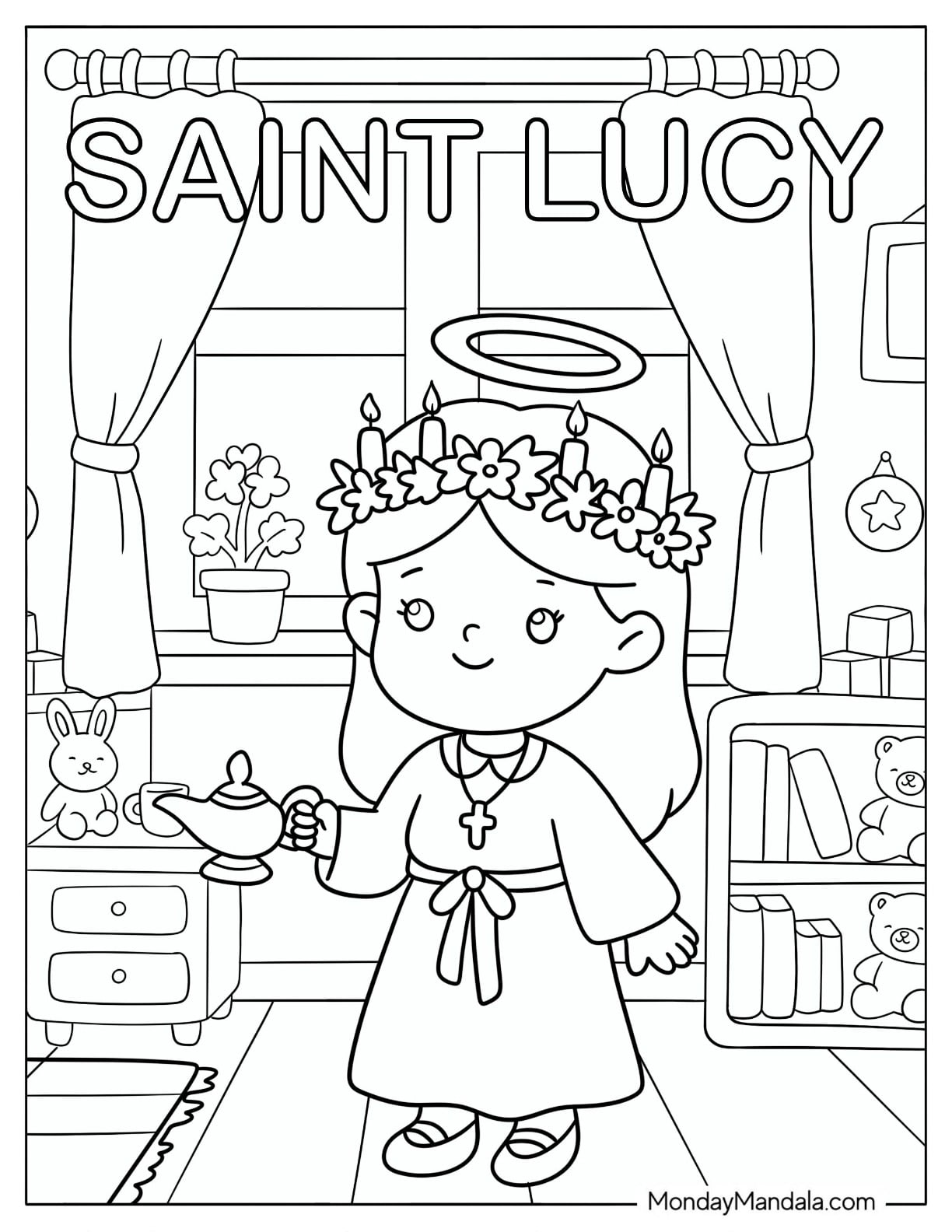 Saint Coloring Page of Lucy Carrying a Lamp in a Room for Kids