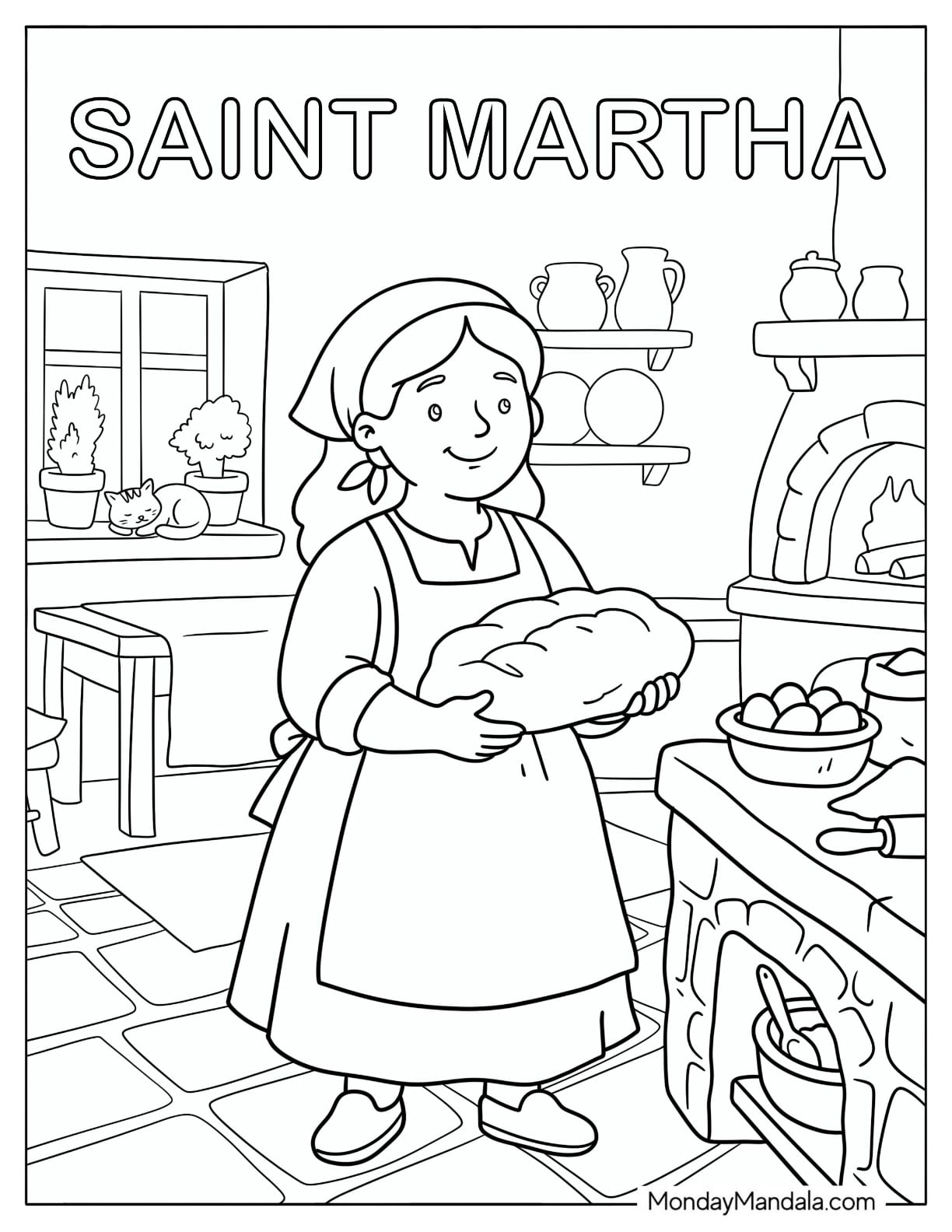 Saint Coloring Page of Martha Carrying Bread in a Kitchen