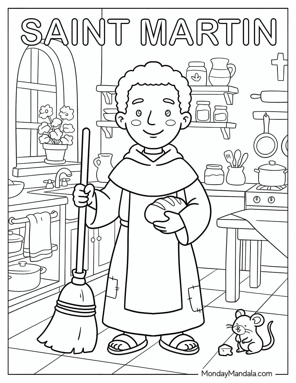 Saint Coloring Page of Martin de Porres Sweeping a Kitchen with a Broom for Kids
