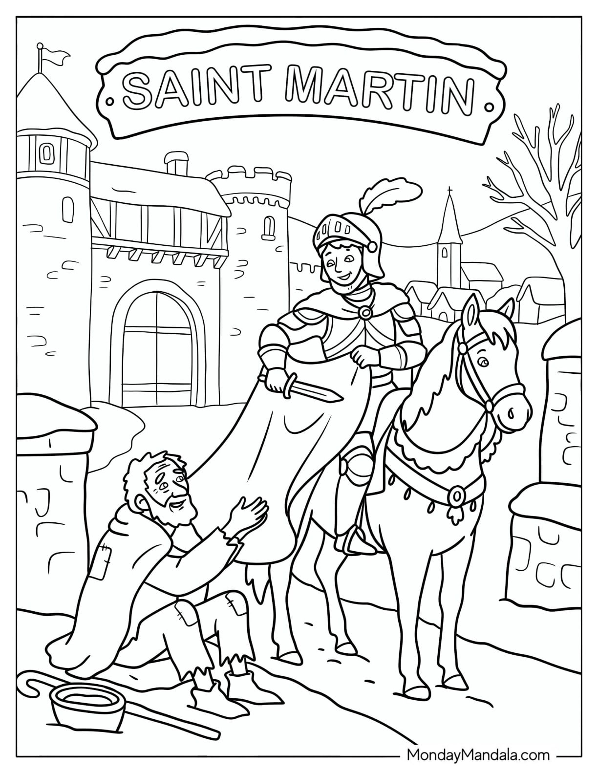 Saint Coloring Page of Martin of Tours Sharing His Cloak with a Beggar