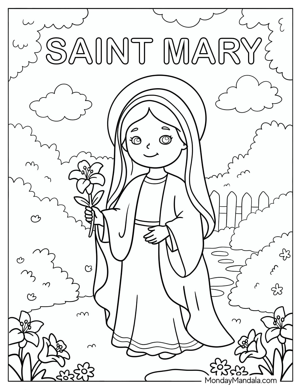 Saint Coloring Page of Mary Holding a Flower in a Garden for Kids